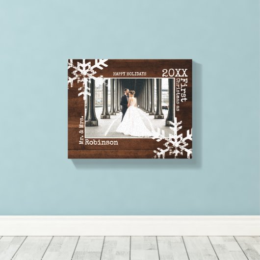 Rustic Wood Snowflake Pas getrouwd kerstfoto Canvas Afdruk (Insitu (Houten vloer))