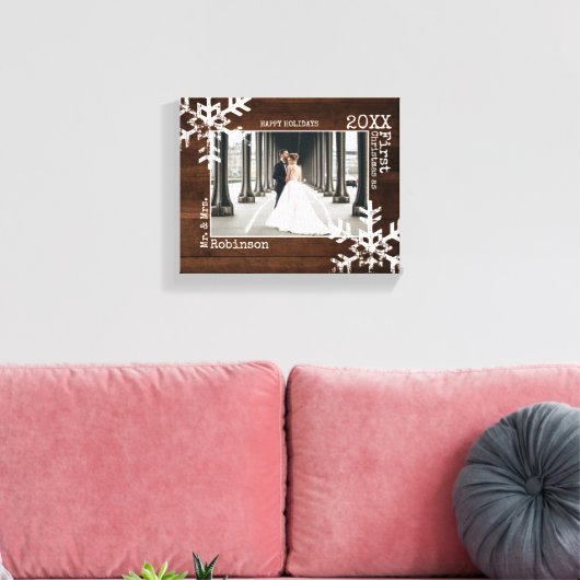 Rustic Wood Snowflake Pas getrouwd kerstfoto Canvas Afdruk (Insitu (Woonkamer))