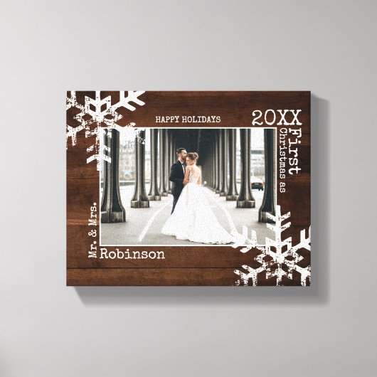 Rustic Wood Snowflake Pas getrouwd kerstfoto Canvas Afdruk (Voorkant)