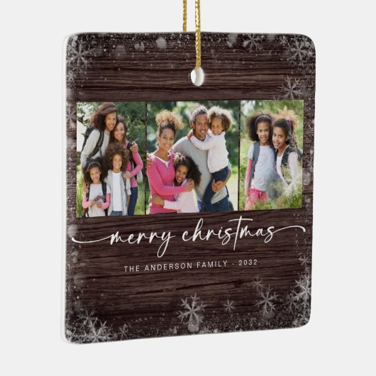Rustic Wood Snowflake Photo Merry Kerstmis Keramisch Ornament (Rechts)