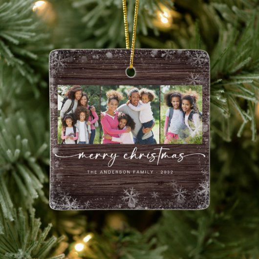 Rustic Wood Snowflake Photo Merry Kerstmis Keramisch Ornament (Boom)