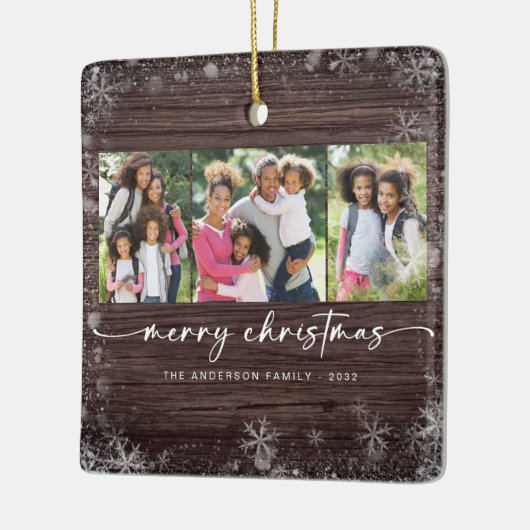 Rustic Wood Snowflake Photo Merry Kerstmis Keramisch Ornament (Links)
