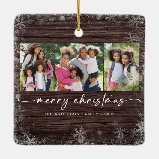 Rustic Wood Snowflake Photo Merry Kerstmis Keramisch Ornament (Achterkant)