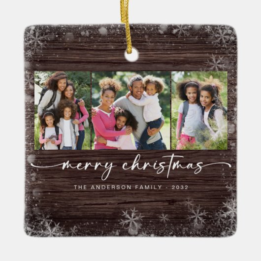Rustic Wood Snowflake Photo Merry Kerstmis Keramisch Ornament (Voorkant)