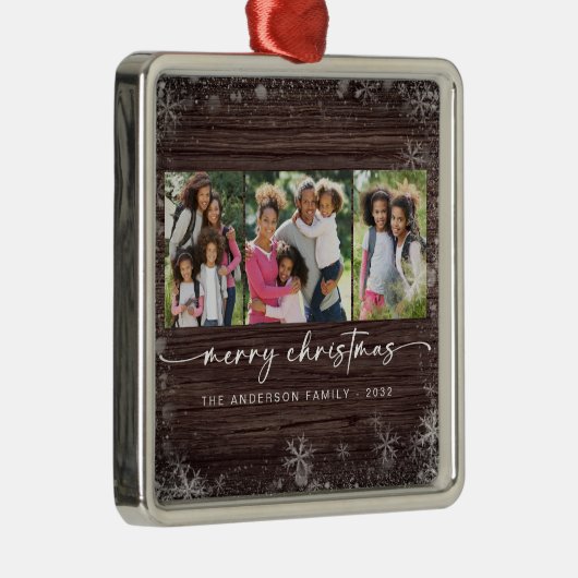 Rustic Wood Snowflake Photo Merry Kerstmis Metalen Ornament (Rechts)