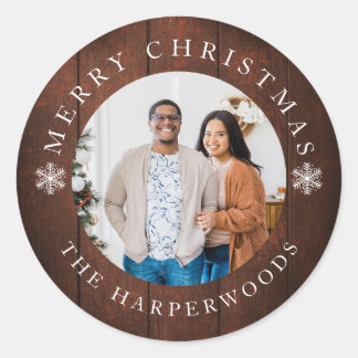 Rustic Wood Snowflakes Kerstmis 1 Foto Ronde Sticker