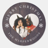 Rustic Wood Snowflakes Kerstmis 1 Foto Ronde Sticker (Voorkant)
