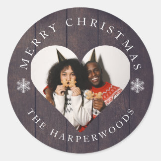 Rustic Wood Snowflakes Kerstmis 1 Foto Ronde Sticker