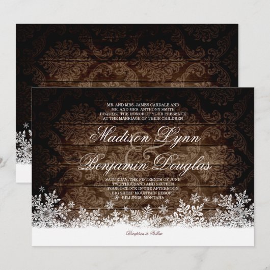 Rustic Wood Snowflakes Winter Wedding Invitations Kaart (Voorkant / Achterkant)