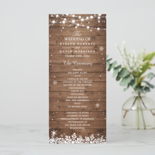 Rustic Wood Snowflakes Winter Wedding Programme Programmakaart (Staand voorkant)