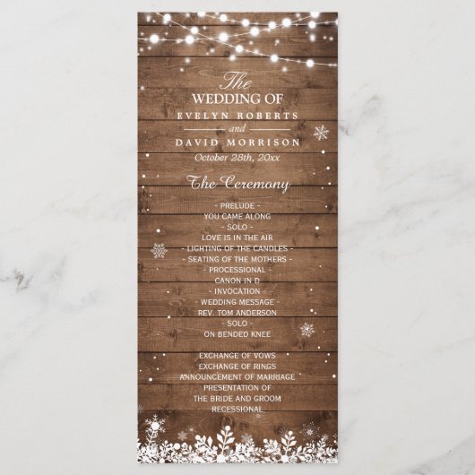 Rustic Wood Snowflakes Winter Wedding Programme Programmakaart (Voorkant)