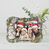 Rustic Wood Snowman Lijst Fancy cut Foto Feestdagenkaart (Staand voorkant)