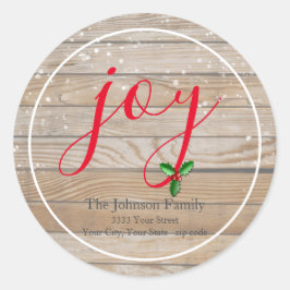 Rustic Wood Snowy Joy Return Adres Envelop Verzege Ronde Sticker