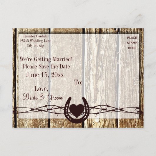 Rustic Wood sparen de Datum die GeHitd Briefkaart (Achterkant)