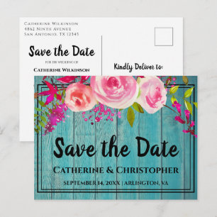 Rustic Wood Sparen de Datum Roos Floral Aankondigi Briefkaart