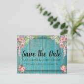 Rustic Wood Sparen de Datum Roze Floral Aankondigi Briefkaart (Staand voorkant)