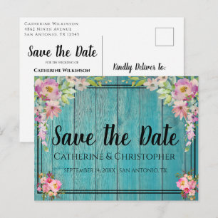 Rustic Wood Sparen de Datum Roze Floral Aankondigi Briefkaart