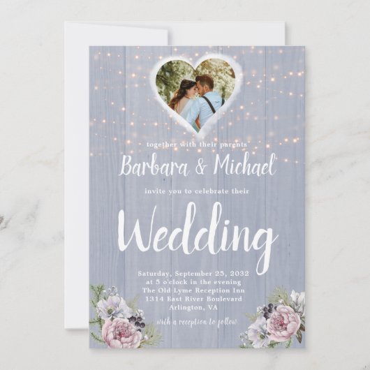 Rustic Wood Sparkle Lights Foto Floral Wedding Kaart (Voorkant)