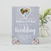 Rustic Wood Sparkle Lights Foto Floral Wedding Kaart (Staand voorkant)