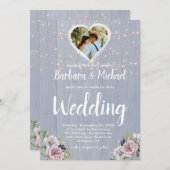 Rustic Wood Sparkle Lights Foto Floral Wedding Kaart (Voorkant / Achterkant)