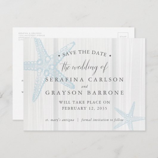 Rustic Wood Starfish Beach Wedding Save the Date Aankondigingskaart (Voorkant / Achterkant)
