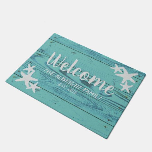 Rustic Wood Starfish Limpet Shell Blue Deurmat (Schuin)