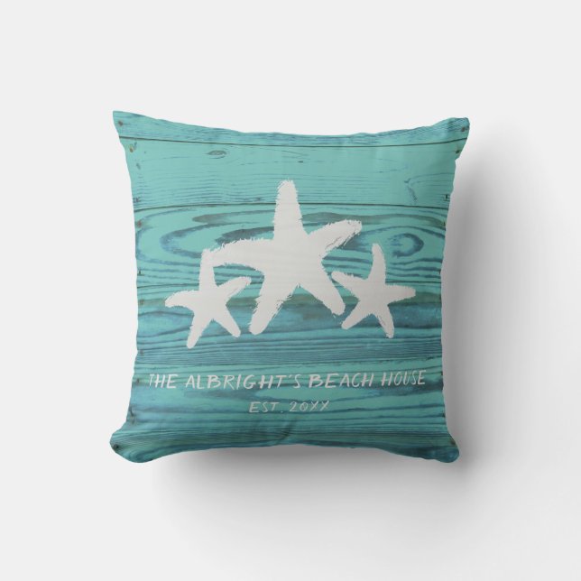Rustic Wood Starfish Limpet Shell Blue Kussen (Voorkant)