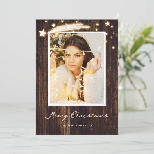 Rustic Wood Stars-fotokerstkaarten Feestdagenkaart (Staand voorkant)