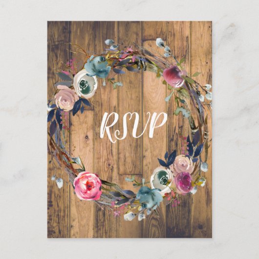 Rustic Wood Stick Floral Wreath Modern RSVP Uitnodiging Briefkaart (Voorkant)