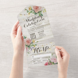 Rustic Wood String Licht Roze Floral Wedding RSVP All In One Uitnodiging