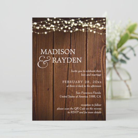 Rustic Wood String light 3 Foto's QR Code Weddensc Kaart (Staand voorkant)