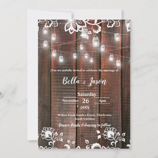 Rustic Wood String Light Barn Lace Country Wedding Kaart (Voorkant)