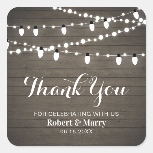 Rustic Wood & String Light Feest Bedankt Sticker (Voorkant)