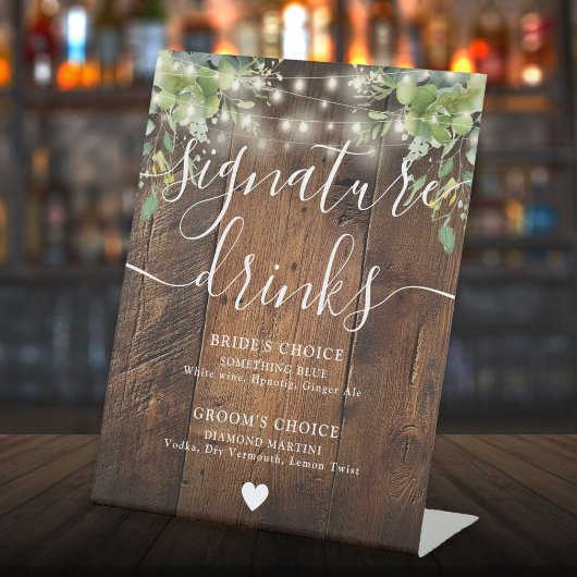 Rustic Wood String Light Greenery Signature Drinke Reclamebord Met Voetstuk