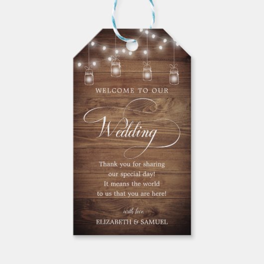 Rustic Wood String Light Mason Jar Script Wedding Cadeaulabel (Voorkant)