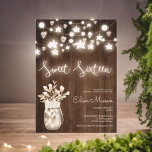 Rustic wood string light mason jar Sweet 16 Kaart<br><div class="desc">Een cool,  rustiek herfst herfstfeest Sweet 16 verjaardagsfeest. Met streng licht sprookjes lichten,  en sterren,  een gloeiende mason pot met wilde bloemen op rustiek bruin hout,  met een hand geletterde gloeiende boho kalligrafie.</div>