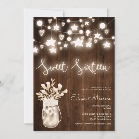 Rustic wood string light mason jar Sweet 16 Kaart (Voorkant)