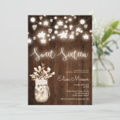 Rustic wood string light mason jar Sweet 16 Kaart (Staand voorkant)