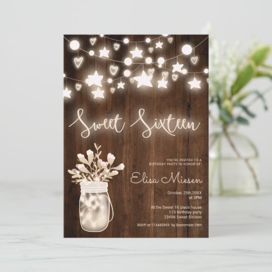 Rustic wood string light mason jar Sweet 16 Kaart (Staand voorkant)