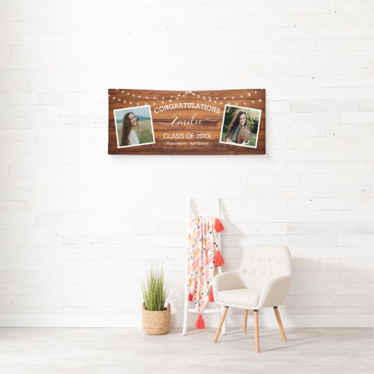 Rustic Wood String Light Photo Afstuderen Spandoek (Insitu)