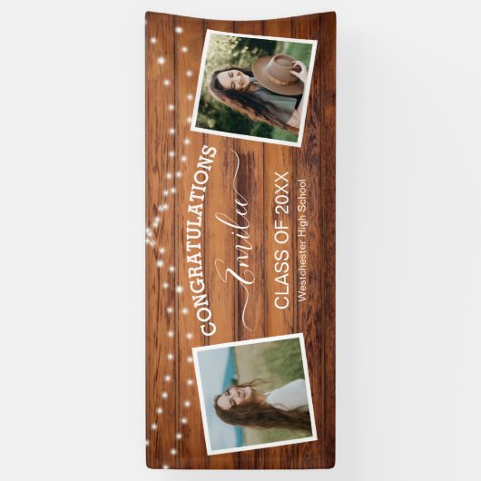 Rustic Wood String Light Photo Afstuderen Spandoek (Verticaal)