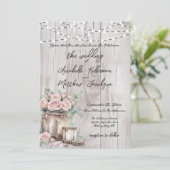 Rustic Wood String Light Rozen Country Wedding Kaart (Staand voorkant)