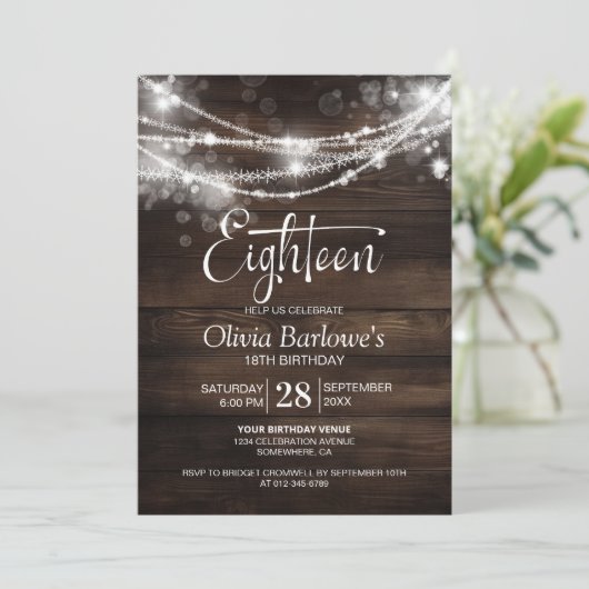 Rustic Wood String Lights 18e Verjaardagsfeest Kaart (Staand voorkant)