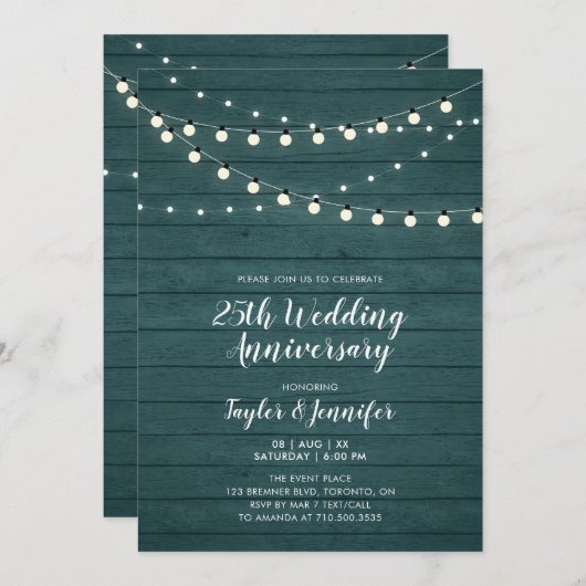 Rustic Wood & String Lights 25 Wedding Jubileum Kaart (Voorkant / Achterkant)