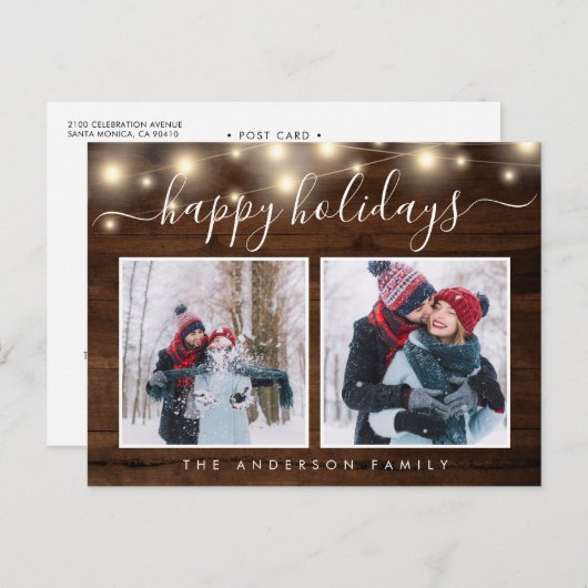 Rustic Wood String Lights 2 Photo Holiday Briefkaart (Voorkant / Achterkant)