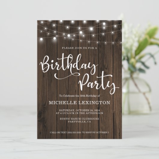Rustic Wood String Lights 50th Birthday Party Kaart (Staand voorkant)