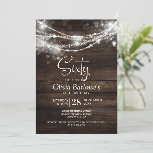 Rustic Wood String Lights 60ste Verjaardagsfeest Kaart (Staand voorkant)
