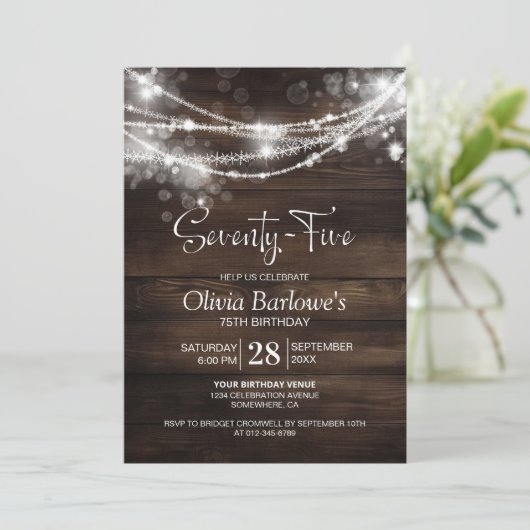 Rustic Wood String Lights 75e Verjaardagsfeest Kaart (Staand voorkant)
