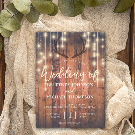 Rustic Wood String Lights Antler Wedding Kaart