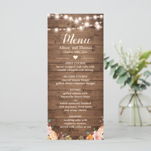 Rustic Wood String Lights Autumn Floral Wedding Menu (Staand voorkant)